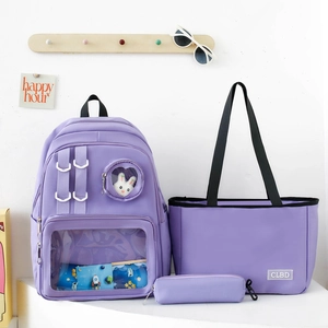 Three-piece light purple nylon backpack set with tote bag and pencil case for women