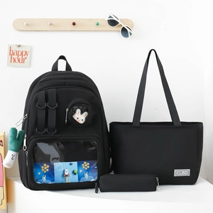 Three-piece black nylon backpack set with tote bag and pencil case for school girls