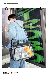 Vue détaillée du grand sac bandoulière en PVC transparent avec sangle noire montrant le contenu