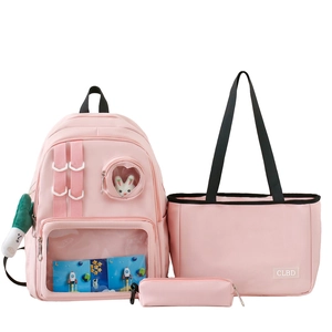 Pink nylon backpack set for girls with heart window including matching tote and pencil case