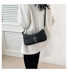 Gothic moon-shaped black PU leather bag with metallic cross and stud details