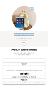 Size chart showing nylon backpack dimensions 25x15x33cm and comparison with iPad