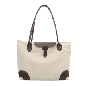 Sac fourre-tout en nylon beige avec poignées en cuir marron et longue bandoulière