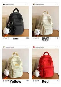 Detail view of stylish small PU backpacks in black, off-white, yellow and red colors