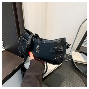 Women Gothic Punk PU Leather Shoulder Bag Rivet Cross Skull Pendant Y2K Underarm Crossbody Bag Trendy Fashion Handbag