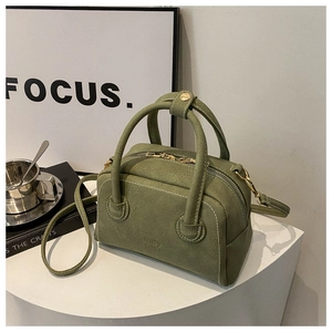 Vintage PU Leather Boston Bag For Women Simple Contrast Stitching Shoulder Bag Elegant Handbag With Crossbody Strap