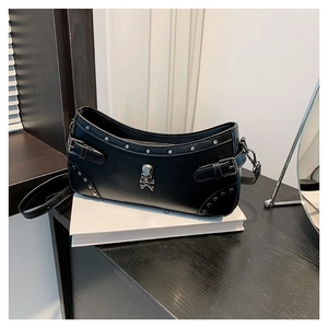 Chic 2024 black PU leather crossbody bag featuring silver skull and stud embellishments