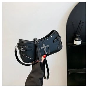 2024 trendy black gothic PU leather crossbody bag with silver cross and metal chain