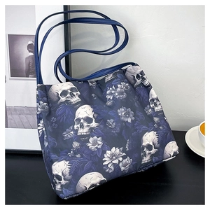 Borsa Tote da Donna in Tessuto Oxford con Stampa Teschio e Fiori Gotica Grande Capacità Borsa a Tracolla Moda Tendenza Design Semplice