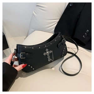 2024 trendy black faux leather crossbody bag with vintage cross chain and rivets on white