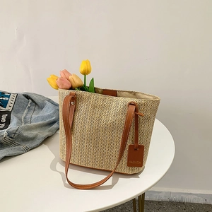 Minimalist Handwoven Straw Tote Bag For Women Summer Vacation Shoulder Bag With Synthetic Leather Handles Large Capacity Handbag