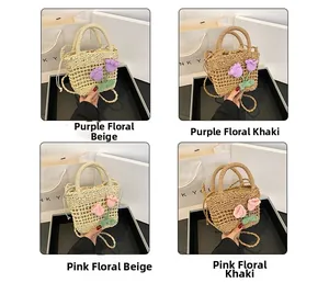 Detail view of straw woven bucket bags with crochet tulip flowers in four colors