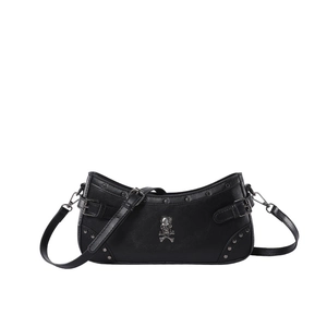 Gothic black PU leather shoulder bag with silver skull logo and punk metal studs