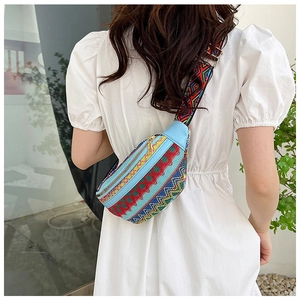 Detailed close-up of a colorful ethnic style waist bag featuring vivid geometric weaving