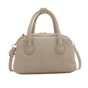 Chic beige ruched PU leather crossbody bag with top handles and lady bags logo
