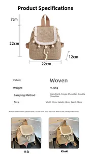 Detailed dimensions and woven texture of Bohemian straw backpack with tassels and beads