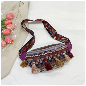 Bohemian Ethno-Stil Gewebte Umhängetasche Für Damen Geometrische Jacquard Brusttasche Mit Quasten Bunter Breiter Gurt Tasche