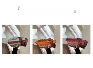 Detailed view of bohemian woven waist bags in blue, orange, and purple color options