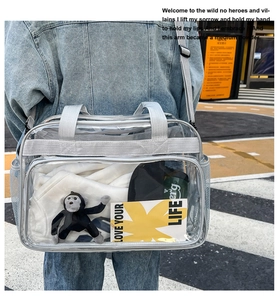 Détail du sac à bandoulière en PVC transparent montrant sa grande capacité de rangement