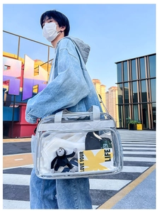 Détail du sac de voyage en PVC transparent avec larges anses et poche latérale en filet