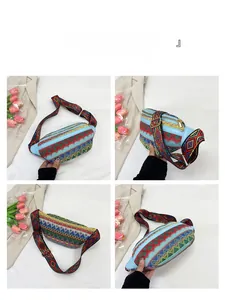 Detailed multi-angle views of ethnic bohemian woven crossbody bag with colorful patterns