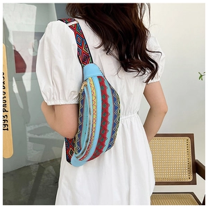 Detail of ethnic woven crossbody bag with colorful geometric patterns and leather trim