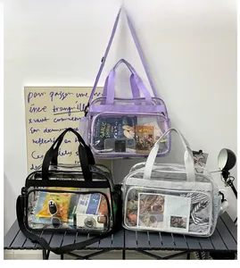 Détails de trois sacs cabas en PVC transparent en violet, noir et argent posés sur un bureau