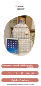 Size comparison of corduroy backpack with tablet showing 31x15x42cm dimensions