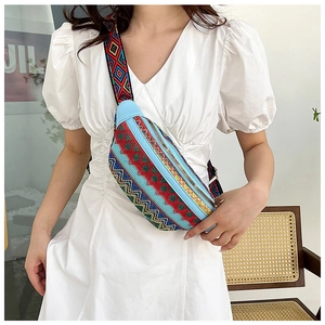 Close-up of ethnic crossbody bag featuring colorful geometric woven patterns and wide strap