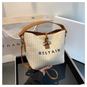 Women Fashion Braided Straw Bucket Bag Minimalist RESTAIN Letter Embroidered Shoulder Crossbody Bag Leather Strap Metal Buckle Vacation
