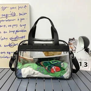 Sac à main transparent en PVC tendance avec poches en filet noires et contenu vert