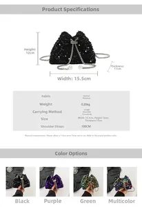 Detailed size chart for sequined crossbody bucket bag with 15.5cm width and 100cm strap