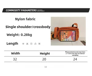 Detailed size chart for nylon crossbody bag showing dimensions 32x20x24cm and weight