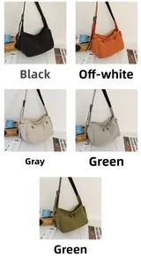 Detailed close-up showing five color variants of nylon crossbody bags with adjustable straps