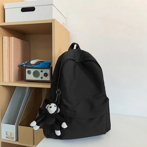 Fashion Minimalist Women Nylon Backpack Large Capacity School Travel Shoulder Bag With Cute Monkey Charm Casual Bookbag