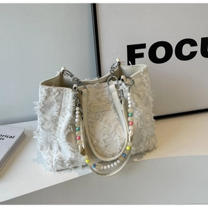 Mode Tweed Einkaufstasche Für Damen Große Kapazität Schultertasche Mit Fransen Quasten Bunte Perlen Kette Trendige Handtasche