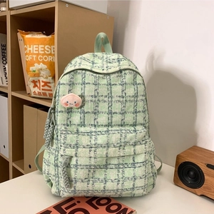 Korean Style Corduroy Checkered Backpack For Women Large Capacity School Bag With Plush Charm Sweet Student Daily Travel Rucksack