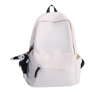 2024 minimalist cream white nylon backpack with cute monkey pendant keychain charm