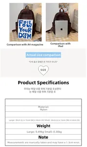 Guide des tailles de sacs à dos en nylon avec comparaison magazine A4 et iPad