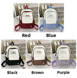Collage showing five colorful polyester backpacks in red, blue, black, brown and purple