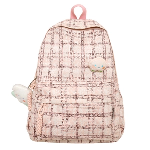 Pink checkered corduroy backpack for women with cute cartoon plush pendants