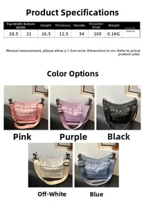 Detailed size specifications and color options for the quilted down puffer crossbody bag