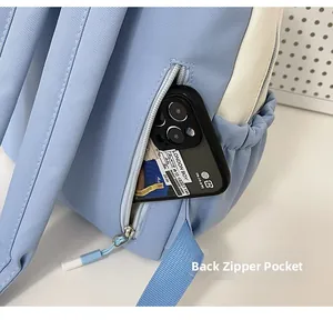 Detail of the anti-theft back zipper pocket on the light blue polyester backpack