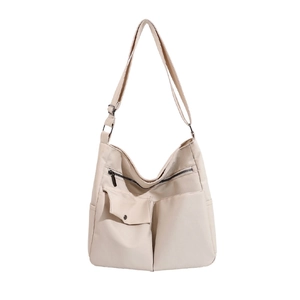 Borsa a tracolla minimalista in tessuto oxford beige con tasche a zip e fibbia