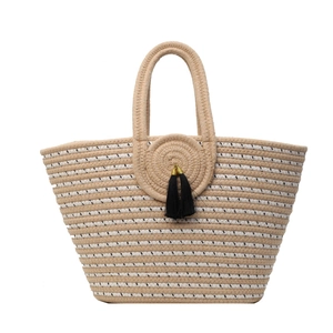 Fashionable striped straw woven tote bag with silk tassels for women spring summer look