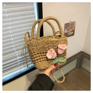 Fashionable handmade straw tote bag with 3D tulip flowers and adjustable shoulder strap