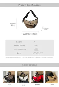 Detailed size chart and multi-color view of minimalist nylon crescent crossbody bag