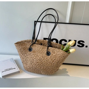 Sac fourre-tout en paille tissée avec poignées en cuir noir et grande capacité