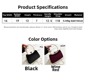 Detailed size chart for velvet handbag including width height and strap length measurements
