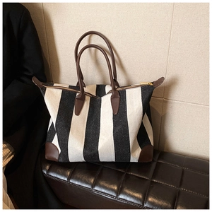 Borsa Tote Grande Capacità Urban Minimalista a Strisce Verticali in Pelle PU Patchwork Borsa a Spalla con Cerniera Donna